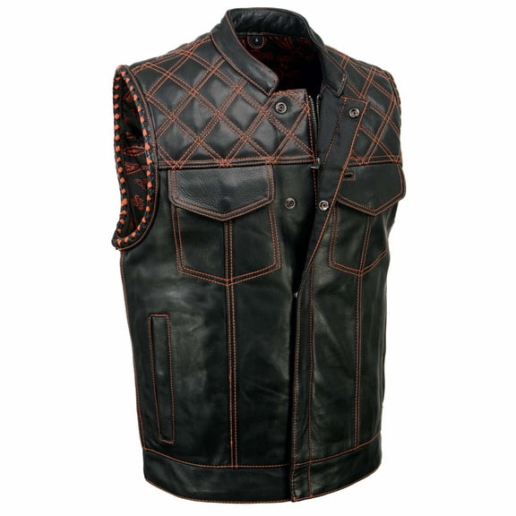 Milwaukee Leather MLM3527 Men's Black 'Paisley' Accented w/ Orange Stitching Leather Vest – / Armhole Trim Small