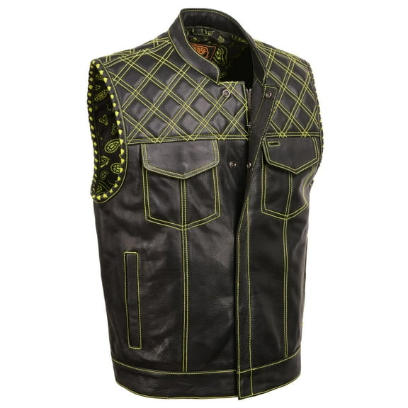 Milwaukee Leather MLM3528 Men's Black 'Paisley' Accented Neon Green Stitching Leather Vest w/Armhole Trim Medium