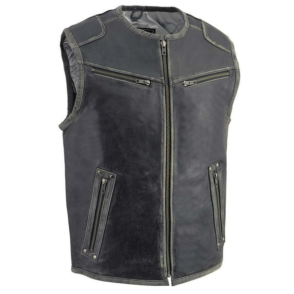 Milwaukee Leather MLM3536 Men's Distressed Grey Leather Collarless Motorcycle Rider Vest Medium