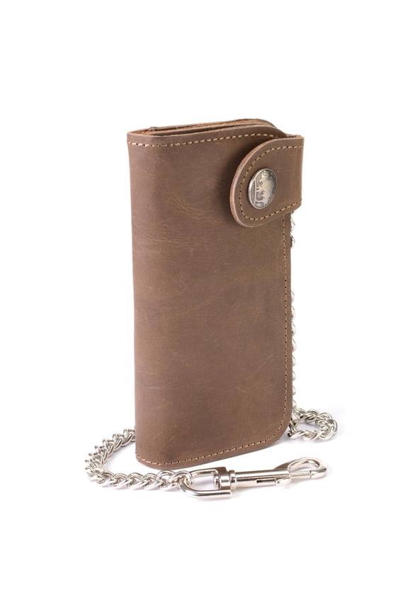 MLW7829 Men's 7" Brown Leather Bi-Fold Biker Wallet w/Anti-Theft Stainless Steel Chain and Buffalo Nickel Snap - 7 Inch Y101