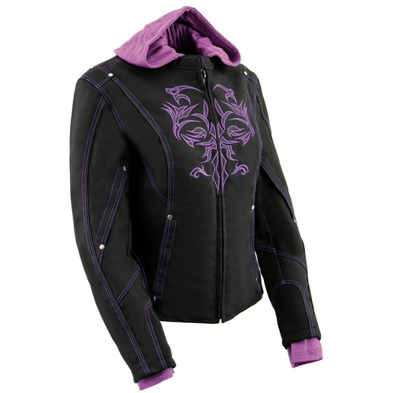 Milwaukee Leather MPL1967 Women's 3/4 Hooded Black and Purple Textile Jacket with Reflective Tribal Detail 3X-Large