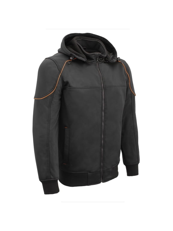 MPM1764 Men's Black Soft Shell CE Armored Motorcycle Racing Style Hoodie Jacket w/ Detachable Hood 4X-Large