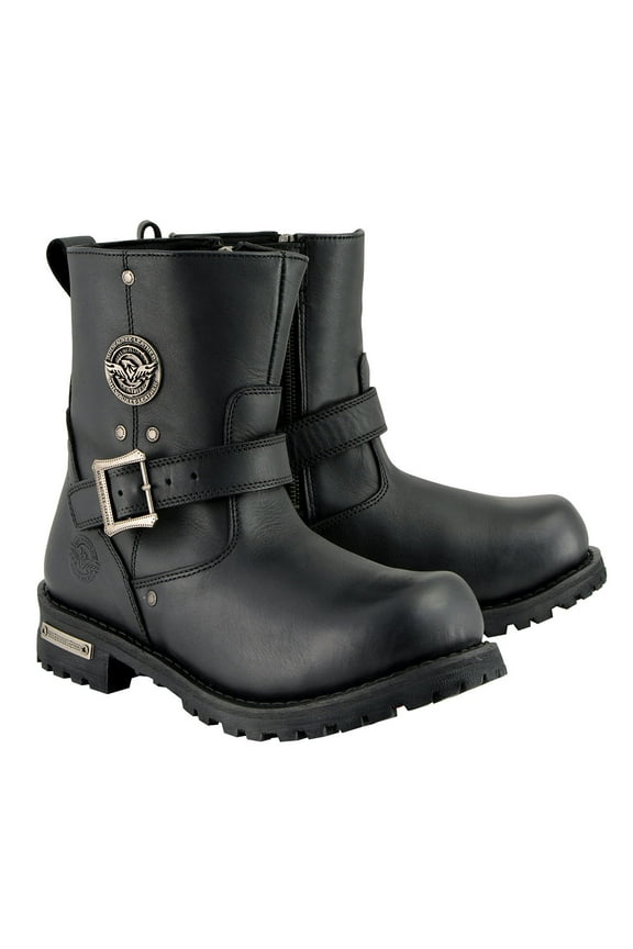 Men's Black Leather Wide Width 6-inch Classic Engineer Motorcycle Boots w/ Side Zipper MBM9040W 13W