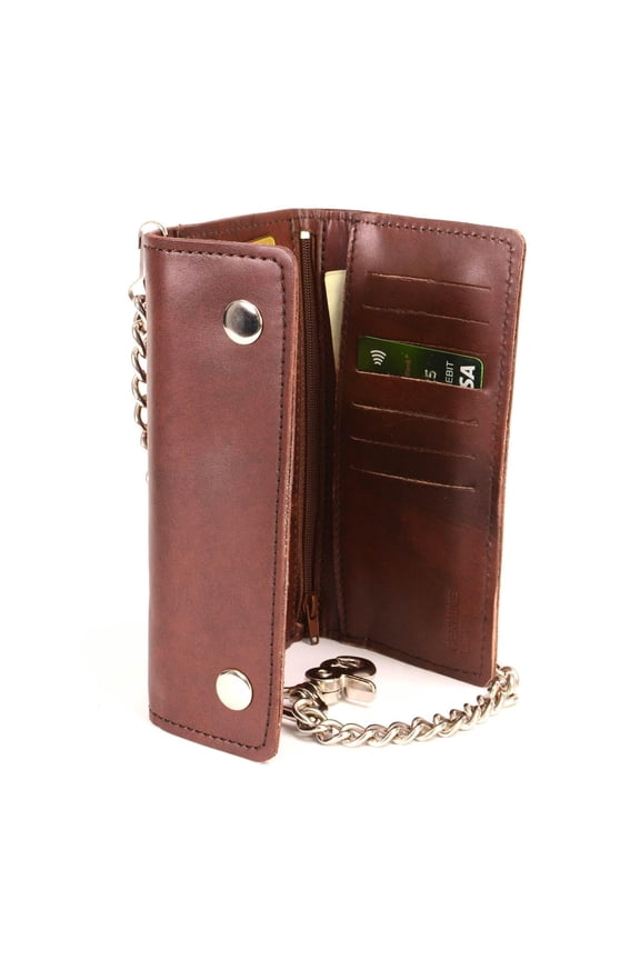 Men's 7-Inch Antique Brown Leather Tri-Fold Biker Wallet w/Swivel Trigger Clip & Chain MLW7888-7 Inch Y101