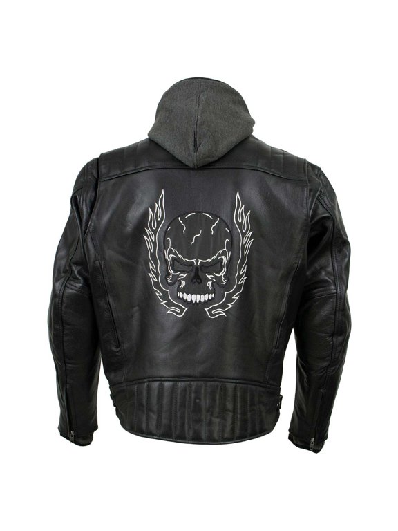 Men's Alibi Black Leather Motorcycle Jacket w/ CE Armor, Removable Hoodie - LKM17021 Large