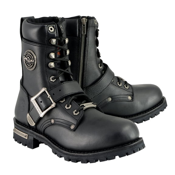 Milwaukee Leather Men's Black Leather Lace-Up Engineer Motorcycle Boots w/ Buckles and Side Zipper MBM101 15