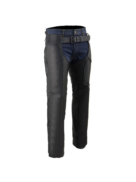Men's Black Premium Leather Motorcycle Rider Chaps w/ Front 3-Pockets - Thigh Patch Pocket-ML1766 3X-Small