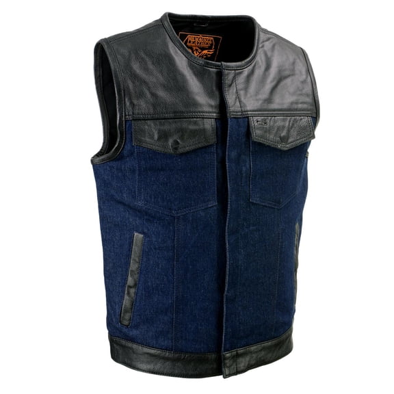 Milwaukee Leather MDM3004 Men's Brute Dual Closure Blue Denim and Black Leather Club Style Vest Small