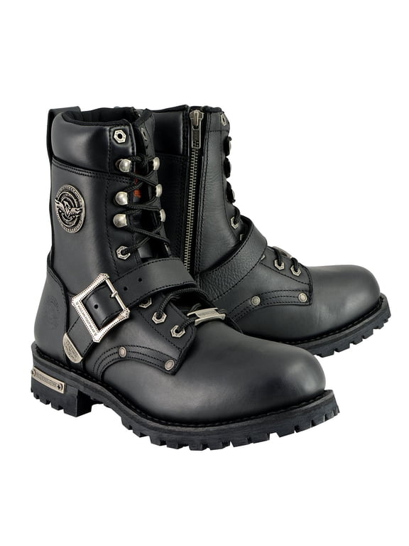 Men's Black Leather Lace-Up Engineer Motorcycle Boots w/ Buckles and Side Zipper MBM101 8.5