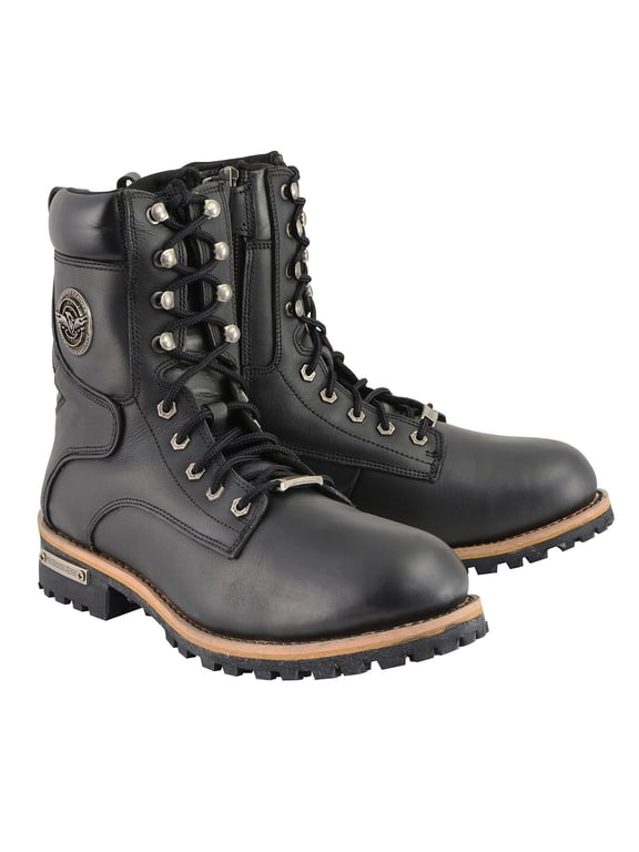 Men's Classic Black Leather Lace-Up Logger Boots w/ Side Zipper MBM9095 15