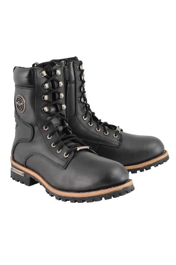 Men's Classic Black Leather Wide Width Lace-Up Logger Boots w/ Side Zipper MBM9095W 8.5W