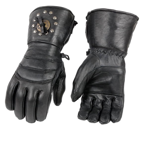 Milwaukee Leather Men's Gauntlet Motorcycle Hand Gloves-Black Leather Thermal Lined with Conchos on Cuff- SH238 Medium