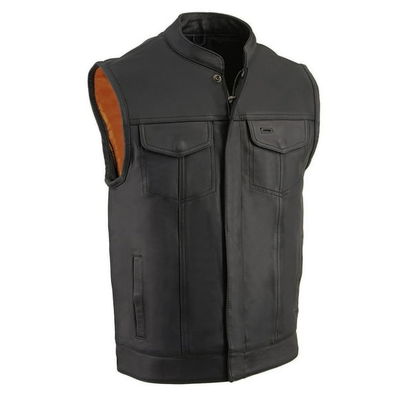 Milwaukee Leather MLM3510 Men's Black Premium Leather Club Style Vest - Dual Closure Open Neck Motorcycle Rider Vest Large