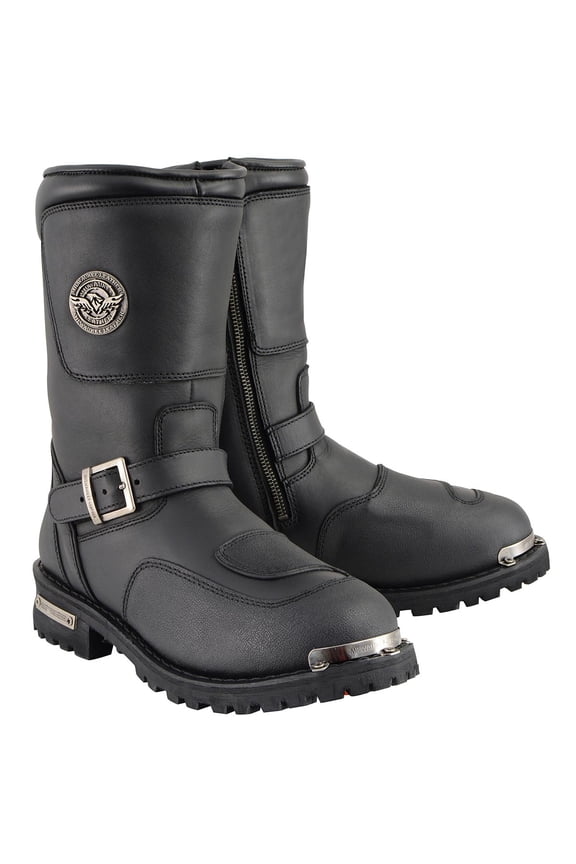 Men's Black Leather Classic Engineer Motorcycle Boots w/ Reflective Piping & Gear Shift Protection MBM9070 10