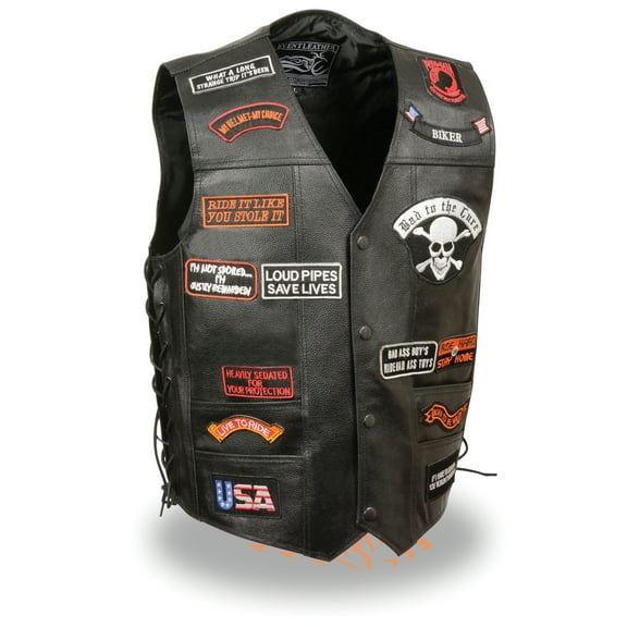 Event Leather ELM3920 Men's Black Leather Pre-Patched Bikers Vest w/ 6 Pockets - 23 Patches and Side Laces 3X-Large