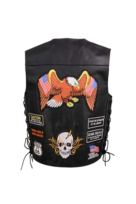 ELM3920 Men's Black Leather Pre-Patched Bikers Vest w/ 6 Pockets - 23 Patches and Side Laces X-Large