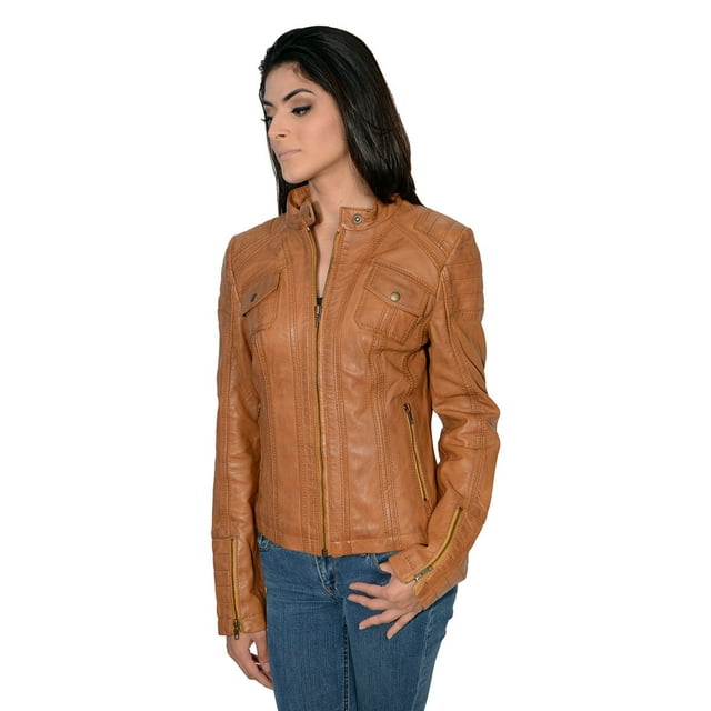Milwaukee Leather SFL2805 Women's Cognac 'Quilted' Mandarin Collar Fashion Casual Leather Jacket 4X-Large