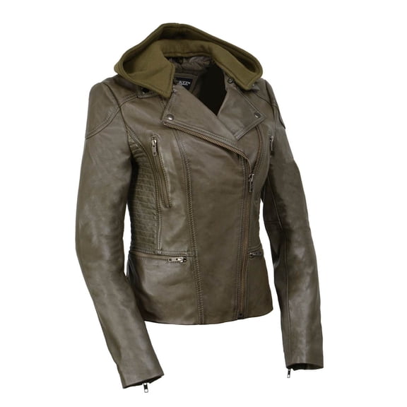 Milwaukee Leather SFL2815 Womens Olive Motorcycle Style Leather Jacket with Hoodie and Asymmetrical Zipper 2X-Large