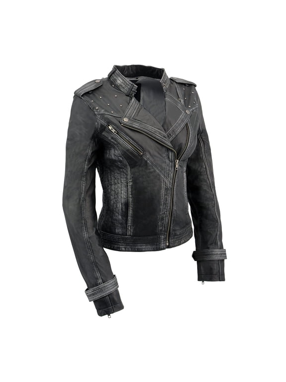 SFL2840 Women's Maiden Black Premium Sheepskin Motorcycle Fashion Leather Jacket with Studs X-Small