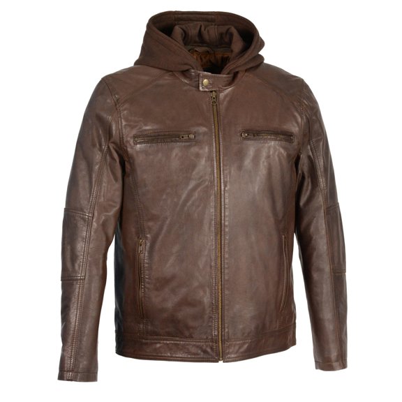 Milwaukee Leather SFM1850 Men's Broken Brown Snap Collar Leather Moto Jacket with Removable Hoodie Large