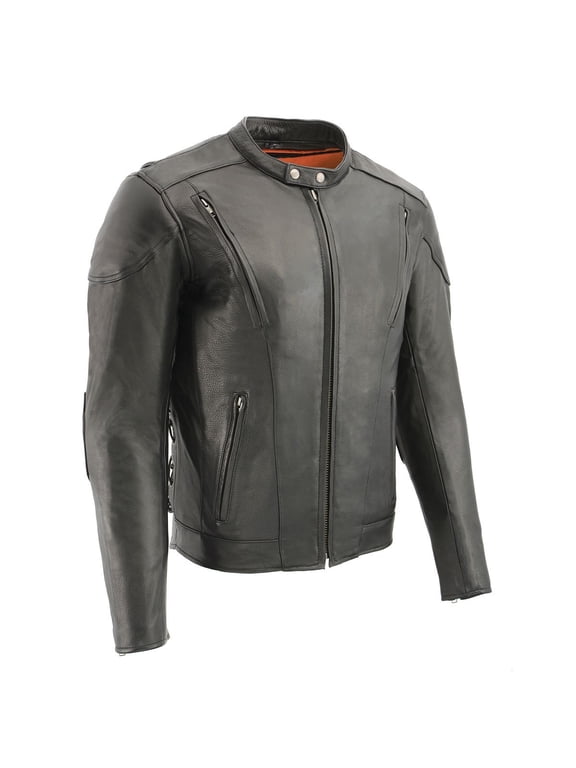 SH1010 Men's 'Scooter' Black Vented Motorcycle Leather Jacket with Side Laces in Tall Sizes 7X-Tall