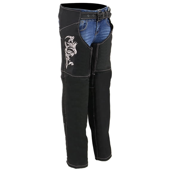 Milwaukee Leather SH1182 Women's Black with Pink Textile Motorcycle Riding Chaps with Tribal Embroidery Medium