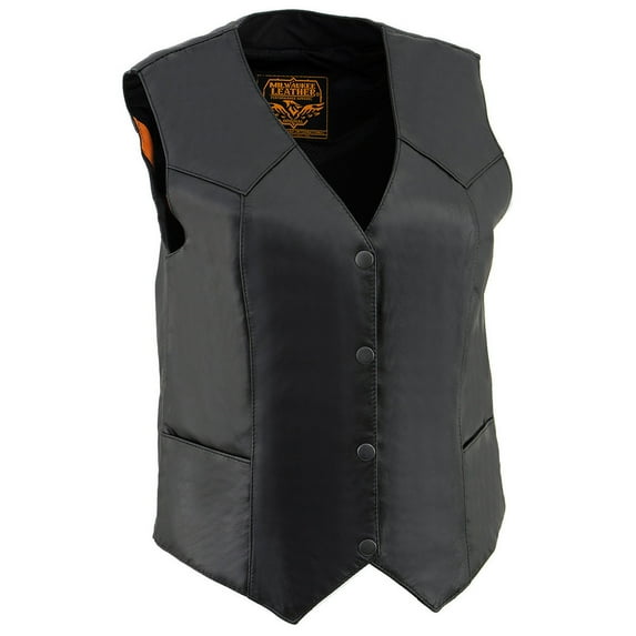 Milwaukee Leather SH1227 Women's Black Leather Classic Western Motorcycle Rider Vest- Front 4-Snap Button Closure Large