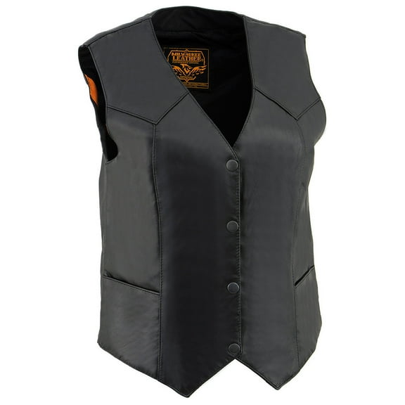 Milwaukee Leather SH1227 Women's Black Leather Classic Western Motorcycle Rider Vest- Front 4-Snap Button Closure Medium
