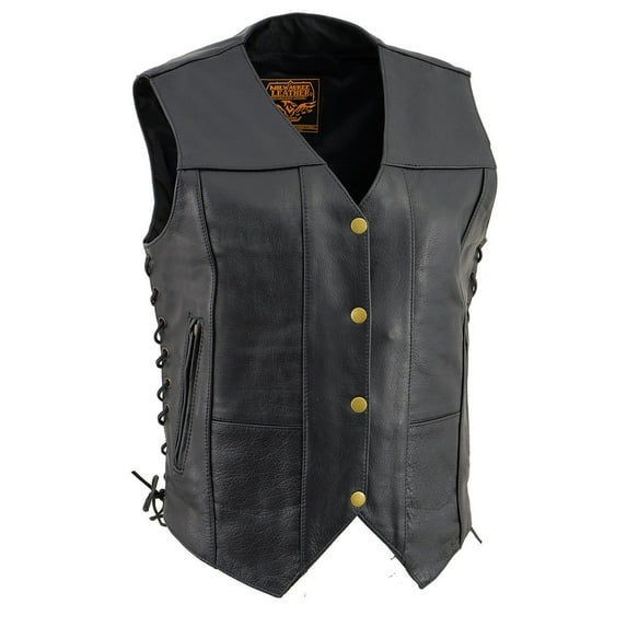 Milwaukee Leather SH1292 Women's Black Leather Side Lace 6 Pocket Motorcycle Rider Vest- Antique Color Snap Closure X-Large