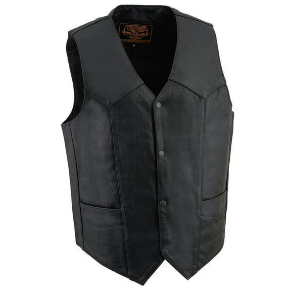 Milwaukee Leather SH1310 Men's Black Leather Classic V-Neck Motorcycle Rider Vest w/ Front Snap Button Closure 42