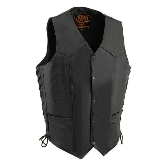 Milwaukee Leather SH1315Tall Men's Classic Black Leather V-Neck Side Lace Motorcycle Rider Vest w/ Snap Closure 58-Tall