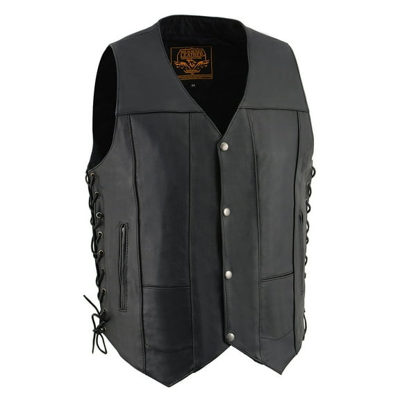 Milwaukee Leather SH1391 Men's Black Leather 10 Pocket V-Neck Side Lace Motorcycle Rider Vest w/ Front Snap Closure 46