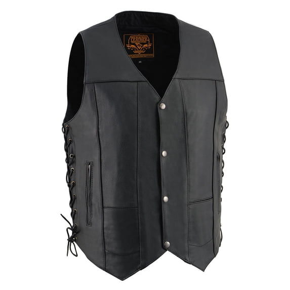 Milwaukee Leather SH1391 Men's Black Leather 10 Pocket V-Neck Side Lace Motorcycle Rider Vest w/ Front Snap Closure 48