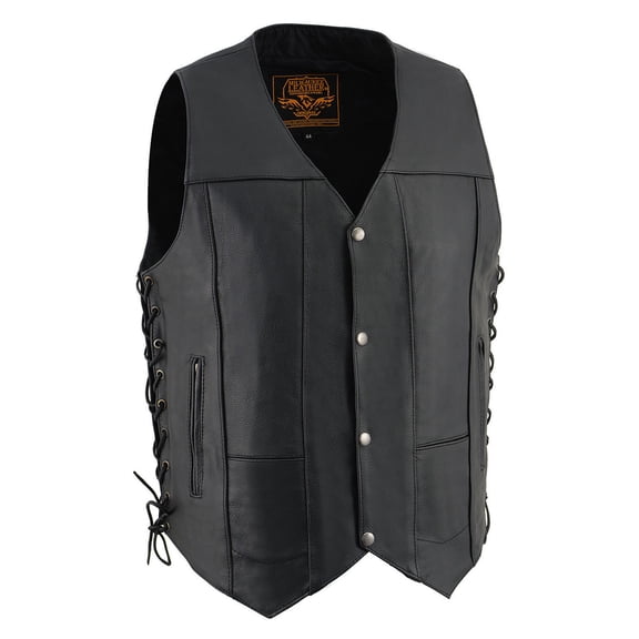 Milwaukee Leather SH1391 Men's Black Leather 10 Pocket V-Neck Side Lace Motorcycle Rider Vest w/ Front Snap Closure 60