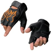 Milwaukee Leather SH198 Men's Black Leather Gel Padded Palm Fingerless Motorcycle Gloves w/ Orange Flame Embroidery Large