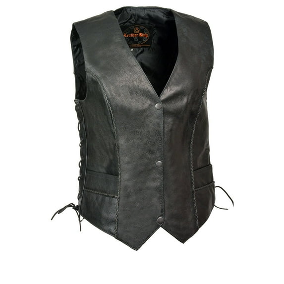 Milwaukee Leather SH2045 Women's Black Thin Braid Leather Side Lace Motorcycle Rider Vest- Front Snap Closure 4X-Large