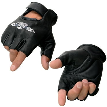 Milwaukee Leather SH352 Men's Black Leather Gel Padded Palm Fingerless Motorcycle Hand Gloves W/ ‘Embroidered Flaming Eagle’ X-Small