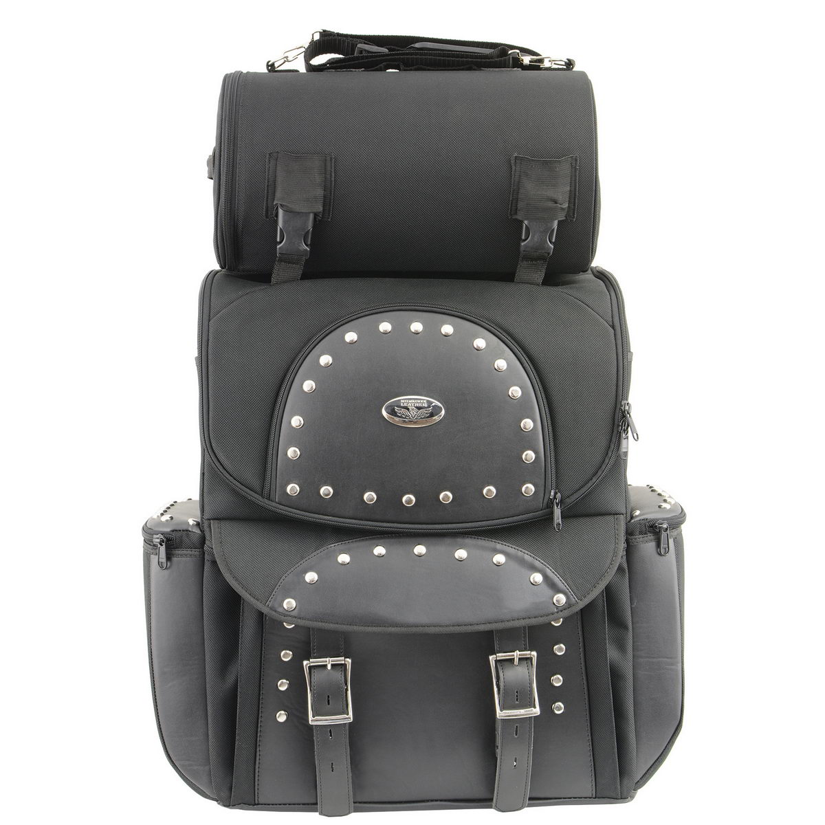 Milwaukee Leather SH605S Black 'Studded' Textile and PVC Large 2 Piece Touring Sissy Bar Motorcycle Bag Large
