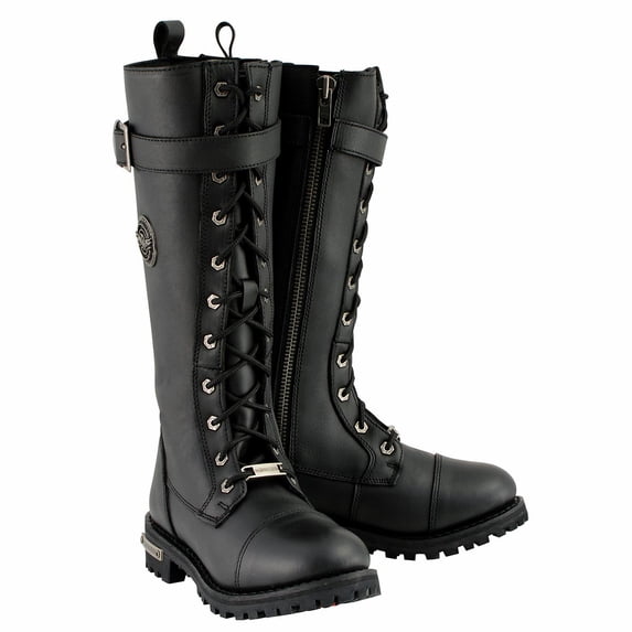 Milwaukee Leather Women's Black 14-inch Lace-Up High-Rise Leather Biker Rider Boots with Calf Buckle MBL9355 5.5