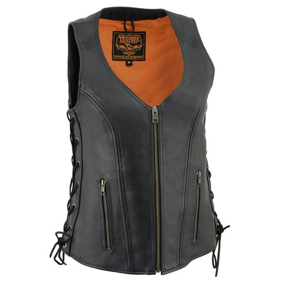 Milwaukee Leather Women's Black Leather V-Neck Motorcycle Rider Vest with Side Lace MLL4531 Small