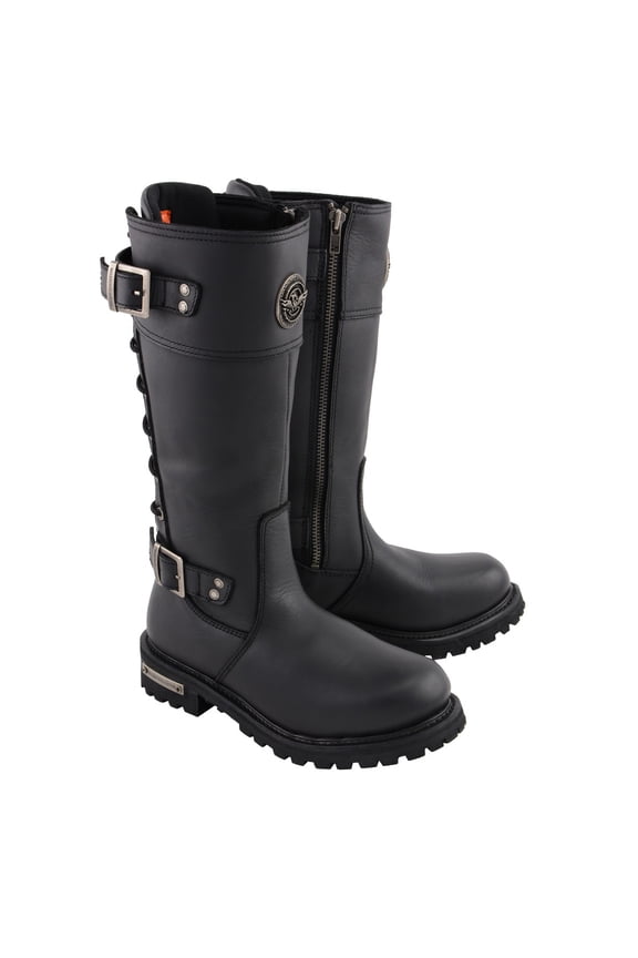 MBL9385 Women's Black Leather 15-Inch Calf Laced Motorcycle Riding Boots with Side Zipper 8