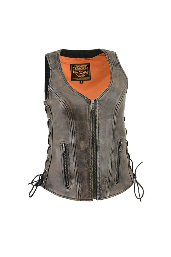 Women's Distress Brown Leather V-Neck Motorcycle Rider Vest with Side Lace MLL4531 Medium