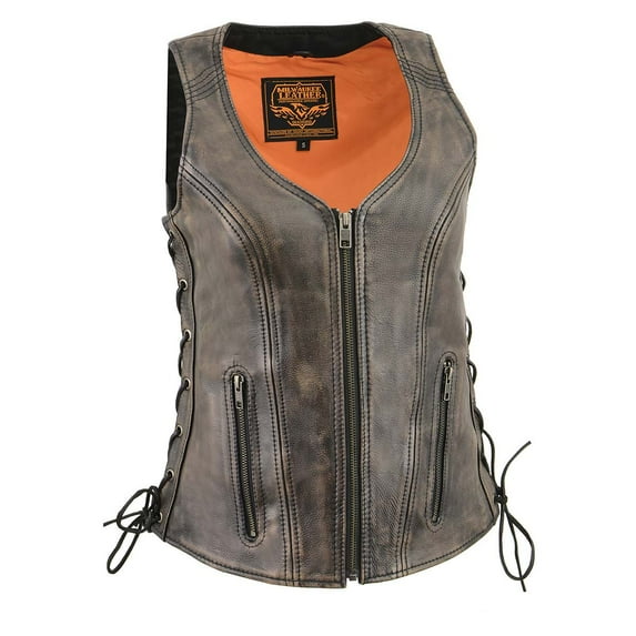 Milwaukee Leather Women's Distress Brown Leather V-Neck Motorcycle Rider Vest with Side Lace MLL4531 Small