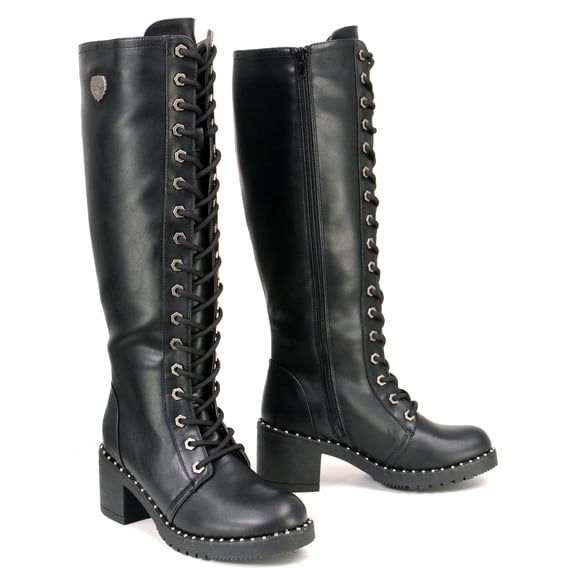 Milwaukee Leather MBL9442 Women's Black Lace-Up Tall Biker Fashion Boots with Platform Heel & Studs 7
