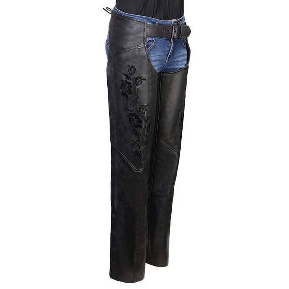 Milwaukee Leather Women's Leather Motorcycle Chaps w/ Embroidery Detail, Adjustable Fit Riding Gear - LKL16701 X-Large