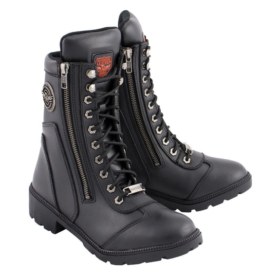 Milwaukee Leather MBL9301 Women's Black Leather Lace-Up Motorcycle Biker Riding Boots with Side Zipper Entry 6.5