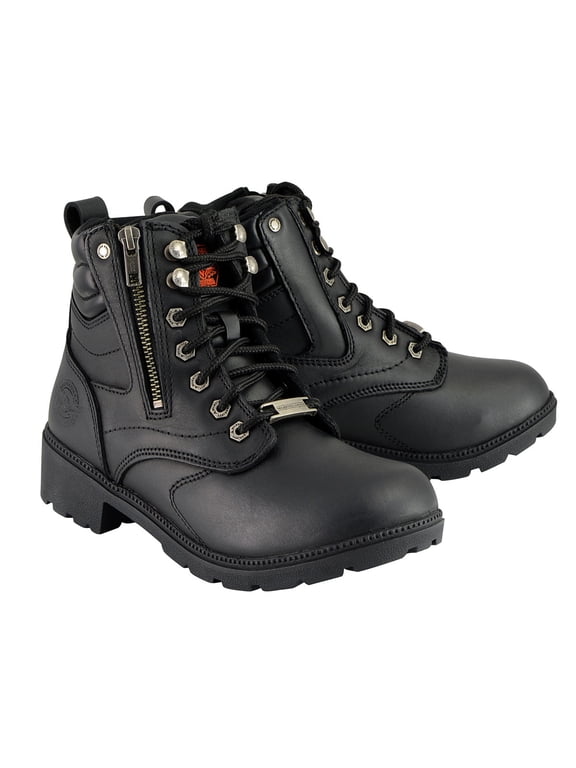 MBL9320 Women's Premium Black Leather Lace-Up Motorycle Riding Boots with Side Zipper 9.5