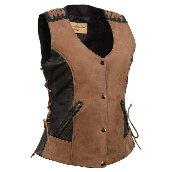 Milwaukee Leather Women's MLL4509 Smoocher Two Tone Crazy Horse Brown and Black Leather Club Style Motorcycle Vest X-Large