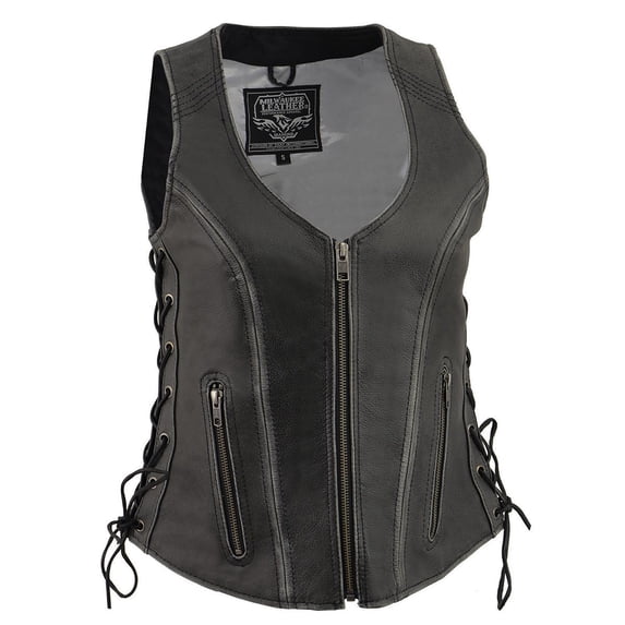 Milwaukee Leather Women's V-Neck Distress Grey Premium Leather Motorcycle Rider Vest w/ Side Laces MLL4531 X-Large