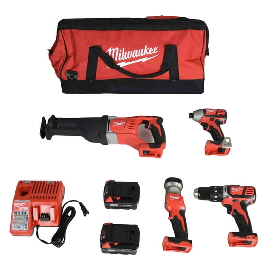 Milwaukee M18 18V Cordless Lithium-Ion 4-Tool Kit (Drill/Driver, Recip Saw, Impact Driver, Light) 2696-24 with 3Ah Battery, Charger & Bag